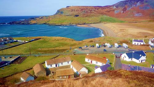 Folk Village with view of Glen Head, Glencolmcille, County Donegal, Ireland